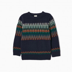 KNITTED SWEATER WITH JACQUARD FOR BOY, DARK BLUE