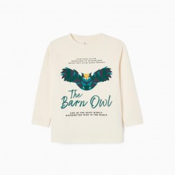 LONG SLEEVE T-SHIRT IN COTTON FOR BOY 'BARN OWL', BEIGE