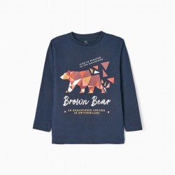 LONG SLEEVE T-SHIRT IN COTTON FOR BOY 'BROWN BEAR', DARK BLUE
