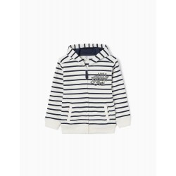 KNITTED JACKET, COTTON HOODED FOR BOY 'GRAND PRIX', WHITE/DARK BLUE