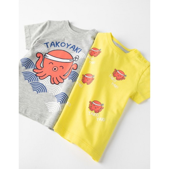 2 SHORT SLEEVE T-SHIRTS FOR BABY BOYS 'OCTOPUS', GREY/YELLOW