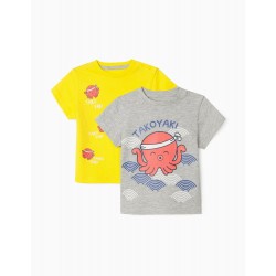 2 SHORT SLEEVE T-SHIRTS FOR BABY BOYS 'OCTOPUS', GREY/YELLOW
