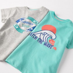 2 SHORT SLEEVE T-SHIRTS FOR BABY BOY 'SUMMER TIME', GREY/GREEN WATER
