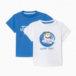 2 SHORT SLEEVE T-SHIRTS FOR BABY BOYS 'SURF DAY', BLUE/WHITE