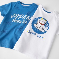 2 SHORT SLEEVE T-SHIRTS FOR BABY BOYS 'SURF DAY', BLUE/WHITE