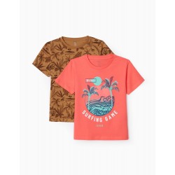 2 T-SHIRTS FOR BOYS 'SURFING GAME', CORAL/CAMEL