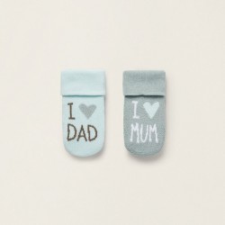 PACK 2 PAIRS OF THICK BABY SOCKS 'I LOVE MUM & DAD', TURQUOISE/BLUE