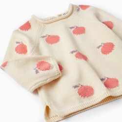 BABY GIRL COTTON KNITTED SWEATER 'APRICOTS', BEIGE/PINK/PURPLE
