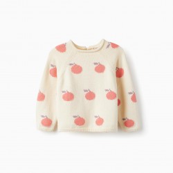 BABY GIRL COTTON KNITTED SWEATER 'APRICOTS', BEIGE/PINK/PURPLE