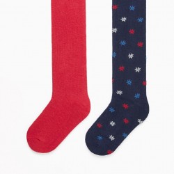 PACK 2 KNITTED TIGHTS FOR GIRL 'STARS', DARK BLUE/RED