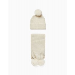 BEANIE PACK + KNITTED SCARF FOR GIRL, BEIGE/GOLD