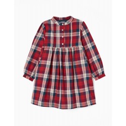 COTTON DRESS WITH GIRL CHESS, RED/DARK BLUE