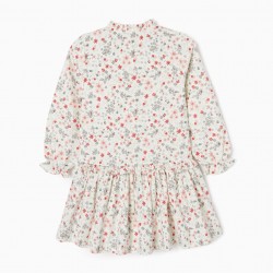 FLORAL BOMBAZINE DRESS IN COTTON FOR GIRL, WHITE