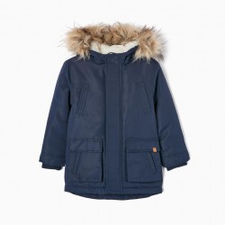 PARKA WITH FILLER AND LINING IN SHERPA AND HOOD FOR BOY, DARK BLUE