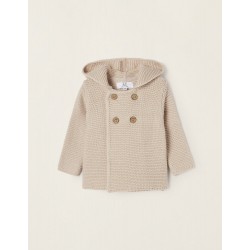 KNITTED JACKET WITH HOOD FOR NEWBORN, BEIGE