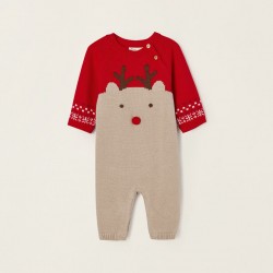 KNITTED JUMPSUIT FOR NEWBORN 'RENA', RED/BEIGE