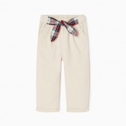BOMBAZINA PANTS WITH TIE IN CHESS FOR BABY GIRL, BEIGE