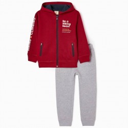 'HIKING BEAST' COTTON BOY TRAINING SUIT, RED/GREY