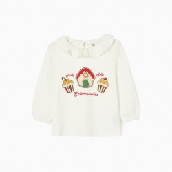 LONG SLEEVE T-SHIRT IN BABY COTTON GIRL 'CHRISTMAS CANDY', WHITE