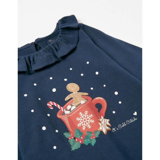LONG SLEEVE T-SHIRT IN COTTON FOR GIRL 'COOKIE MAN', DARK BLUE
