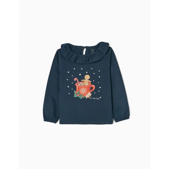 LONG SLEEVE T-SHIRT IN COTTON FOR GIRL 'COOKIE MAN', DARK BLUE