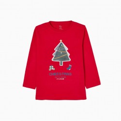 LONG SLEEVE T-SHIRT IN COTTON FOR CHILDREN 'CHRISTMAS TREE', RED