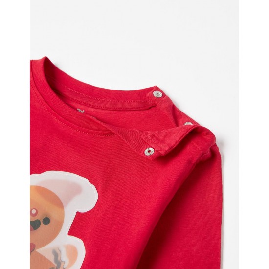 LONG SLEEVE T-SHIRT IN BABY COTTON 'GINGERBREAD MAN', RED
