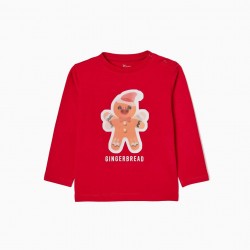 LONG SLEEVE T-SHIRT IN BABY COTTON 'GINGERBREAD MAN', RED