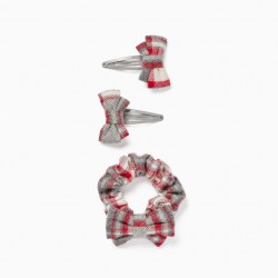 PACK 2 HOOKS + 1 SCRUNCHIE FOR BABY AND GIRL 'B&S', GREY/RED