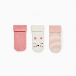PACK 3 PAIRS OF SOCKS WITH FOLD IN COTTON FOR BABY GIRL, WHITE/PINK