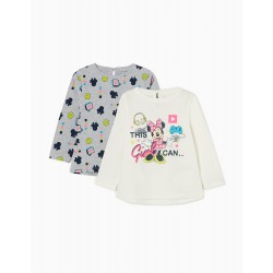 2 BABY GIRL COTTON LONG SLEEVE T-SHIRTS 'MINNIE', WHITE/GREY