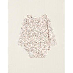 FLORAL BODY IN COTTON FOR NEWBORN, WHITE/PINK
