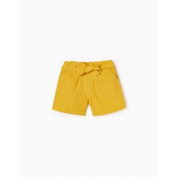 GIRLS COTTON AND LINEN SHORTS, YELLOW