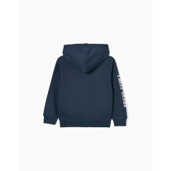 CARDED COTTON HOODED JACKET FOR BOY 'PLAY AGAIN', DARK BLUE