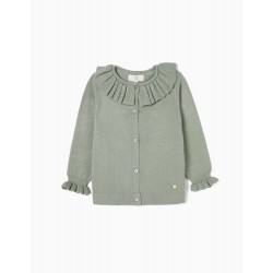 KNITTED JACKET WITH FRILLS FOR BABY GIRL, GREEN WATER