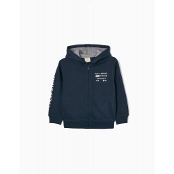 CARDED COTTON HOODED JACKET FOR BOY 'PLAY AGAIN', DARK BLUE