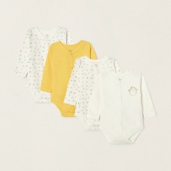 4 BABY COTTON LONG SLEEVE BODIES 'HEDGEHOG', WHITE/YELLOW