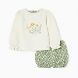 SWEATER + SHORTS WITH FLOWERS FOR BABY GIRL, WHITE/GREEN