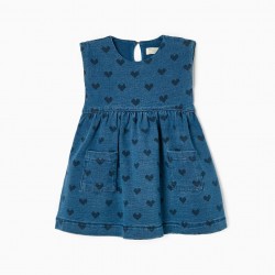 COTTON DENIM DRESS WITH BABY GIRL HEARTS, BLUE