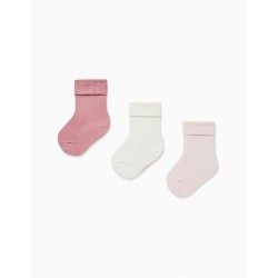 PACK 3 PAIRS OF SOCKS WITH BABY GIRL FOLD, PINK/WHITE
