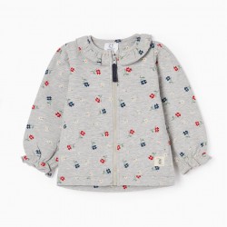 HOODED JACKET IN COTTON FOR BABY GIRL 'FLOWERS', GREY