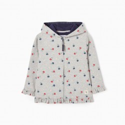 HOODED JACKET IN COTTON FOR GIRL 'FLOWERS', GREY