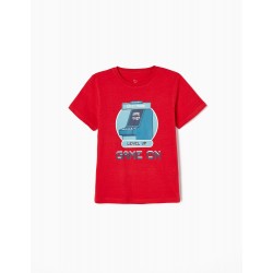 COTTON T-SHIRT FOR BOY 'GAME ON', RED