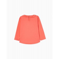 LONG SLEEVE T-SHIRT IN BABY COTTON GIRL 'LETTERS', CORAL