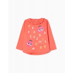 LONG SLEEVE T-SHIRT IN BABY COTTON GIRL 'LETTERS', CORAL