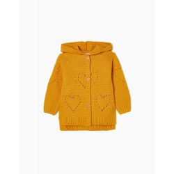KNITTED JACKET WITH HOOD FOR BABY GIRL, YELLOW