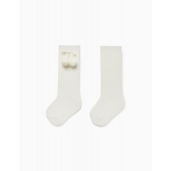 HIGH COTTON SOCKS WITH BABY POMPOMS GIRL, PEARL WHITE