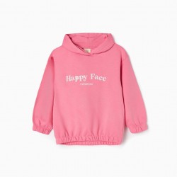 CARDED SWEAT HOODED IN COTTON FOR GIRL 'HAPPY FACE', PINK