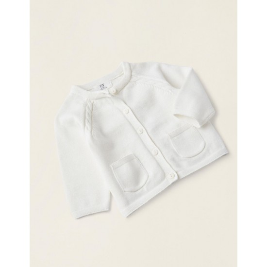 KNITTED JACKET FOR NEWBORN, WHITE
