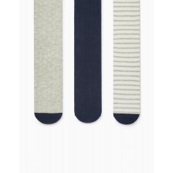 PACK 3 KNITTED TIGHTS IN COTTON FOR GIRL, DARK BLUE/GREY